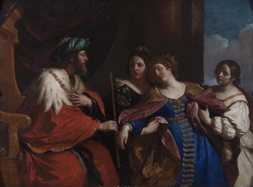 A bearded man, wearing majestic red robes with a large ermine collar and a green turban surmounted by a crown, sits on a throne at left. He leans forward, holding a long thin scepter in his right hand while touching his chest with his left. Before him stand two women supporting a third, who has fainted. This third woman wears a splendid blue robe ornamented with a row of opulent clasps, a luxurious golden cloak lined with pink fabric, and a crown that seems to tilt precariously on the back of her head. The man looks intently into the face of the fainted woman, while the two women, in turn, watch his expression closely.