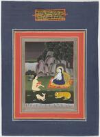 A blue skinned female figure sits on a rug/ mat. She is in a forest and there are rocks behind her. A tiger and deer (hunter and prey) lie close to her, and a stream of water flows below. There are lotuses in the water. Another man sits beside the main figure, and he is holding a red board in one hand, a writing implement in the other. It is nighttime. A short verse is painted above the depicted scene.