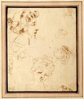 These ink sketches, on a portion of a larger sheet, depict different female heads, most ornamented with accessories. A study of a woman’s face in profile fills the upper left corner. Her hair is bound. A nearly frontal view of another woman’s face is at the center bottom of the sheet. She looks down to her left and wears a jeweled headpiece or crown. Three other smaller and more lightly sketched heads also appear on the sheet, two along the left edge and one on the right.