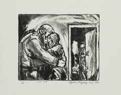 Drawing of two figures embracing. On the right of the image is a skeleton holding a door open.