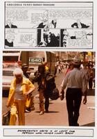 This vertical piece has a color photograph on the bottom showing people walking along a city street. Above are comic-strip-style illustrations in black acrylic on white paper, within five frames.  The middle bottom frame of different style than the others. The title "Crocodile Tears: Buried Treasure" appears at the top, and the whole work is mounted and framed.
