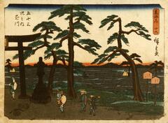 Figures surrounded by large pines and a monumental gate that seems to be entrance of a shrine. There is a statue standing on the side of the gate. The red glow on the edge of the hills in the distance suggest the time as at dawn or at dusk. Writing in upper left and right corners, title in red box in upper right corner.