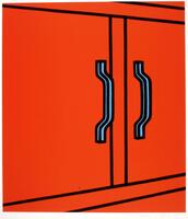 The image depicts a two-doored red cabinet, outlined in thick black lines. It has a light blue handle on each door. The print is signed and editioned in pencil (l.r.) "Patrick Caulfield AP".