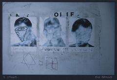 This black and white photograph has a horizontal format depicting three headshots of men with their faces obscured. There are handdrawn forms- a cone on the face of one man and a hexagram (six-pointed star; Star of David), a tiny square and a square divided into four parts below the headshots.