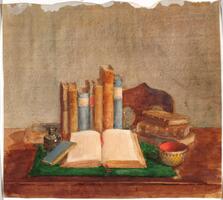 This still life shows one book open on a table with a row of books behind it. To the right of the open book is a small cup and three more stacked books. To the left is an inkwell and a small blue booklet. 