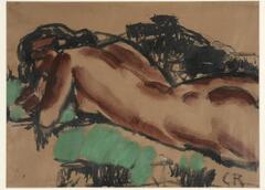 Figure study of female nude lying on her stomach, from a 3/4 side position of artist. Woman's head is in top left, her torso at lower right of page. Woman's left elbow is crooked, pointing toward viewer. Brown tempera accents the body, while green tempera accents the surface below. Woman's left breast is visible.