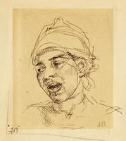 This brown ink sketch is of a boy gazing to his right with his mouth and eyes slightly open. He wears a pointed hat that covers his forehead.