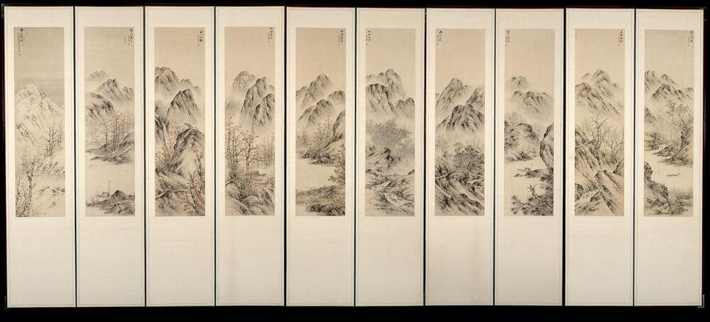 Ten-panel screen depicting similar mountain scenes over changing seasons. A spring scene begins on the right, gradually changing over the ten images to winter on the left. In an upper corner of each scene is a corresponding seasonal poetic inscription. These images are created using ink and color on paper, which was mounted on the upper two-thirds of each panel of the screen.<br />
<br />
Artist Yi Sangbeom has chosen a traditional theme, &ldquo;Eight Views of Xiao and Xiang Rivers (瀟湘八 景圖),&rdquo; but this painting is infused with a Korean mood by his unique expression and brush strokes. This ten-panel folding screen depicts various landscapes in each of the four seasons (四季山水圖): panels 1 to 3 depict spring landscapes; panels 4 and 5 summer; panels 6 to 8 autumn; and panels 9 and 10 winter. The title (畵題) of each panel is written on its upper corner. Beginning from the first panel on the far right, the titles are as follows: &ldquo;The Joy of Fishing on a Spring River (春江漁樂),&rdquo; &ldquo;Spring Haze in t