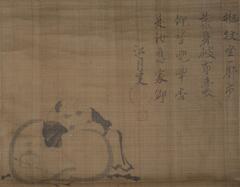 Hotei is dressed in a kimono with his chest and large belly are exposed and is sitting on a large sack. To the left of him are a couple lines of calligraphy.