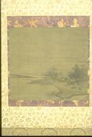 An ink image painted on silk, depicting a buffalo and herd boy standing on the grassy ground on the bottom right. There is a house further back behind among several trees. The bottom and left section is water and most of the top space is left blank.