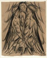 Three center female figures with exposed breasts and halos. Entire picture composed of overlapping U- or V-shaped charcoal strokes.