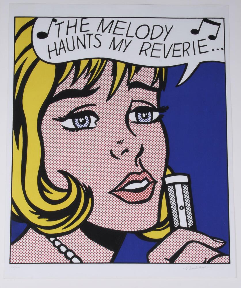 The print has a blue background. A girl is shown with blonde hair, red lips and a melancholy facial expression. She holds a microphone, opening her mouth and emitting a speech bubble saying, "The melody haunts my reverie." The artist applied the technique of Ben Day dots to depict her skins.