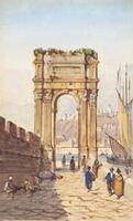This small watercolor shows the view of an arch by a city waterfront. A wall closes off the left side of the street leading up to the arch, and creates a powerful sense of recession into space leading from the foreground to the monument in the middle distance. Scattered figures inhabit the street. Beyond the arch may be glimpsed the waters of a bay and a hill rising above the far shore.