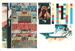 This is a horizontally-oriented print in multiple colors. To one side, there is a photo of a woman in a red bikini laying on the top of a blue car, a scene from a missile lab with a red warhead at the center and lab-coated men standing around, and a block with a series of colored squares, resembling a color test printing. On the other side, from the center to the edge, there is a large and colorful switchboard with red and black wires hanging from it, a narrow image of a rocket in flight, and another equally-sized, narrow image of clouds. 
