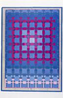 This photolithographic print in shades of pink and blue has a series of grids and squares that overlap to create a kind of optical illlusion.