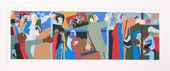 In this long horizontally oriented print, we see multiple people of various colors on a subway car; some sit and others stand holding onto subway poles. Windows show various scenes- a plane in the sky, men playing basketball, fish, musicians, and a small group of people walking with a flag. 