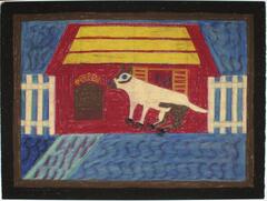 This oil pastel drawing has a thick black border drawn around the entire scene, with a slightly thinner brown border inside. In the center of the scene is a red building with three horizontal yellow stripes on the roof and a brown door with the word "Pepper" written in yellow above the door. There is a white fence on either side of the building. A dog drawn in beige and brown is in front of the building to the right, floating slightly above the ground. The ground and the sky in the background are both colored blue, with darker "s" shapes throughout.  