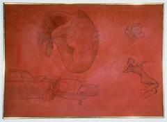 Two nude women, a telephone, and a car crash are rendered in graphite on a red ground. Any suggestion of narrative is subverted through abrupt changes in scale and a flattened-out, depthless pictorial space.