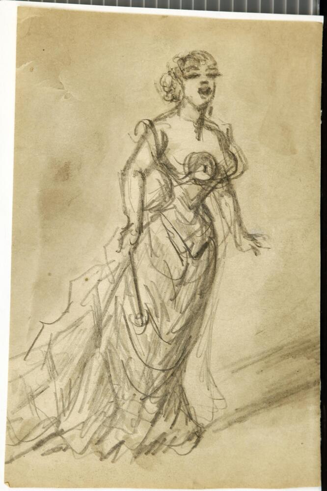 A sketch of a woman in an evening dress. Her face and mouth are drawn in a way to suggest the action of singing. In her right hand she is holding her gown; she is leaning forward and appears to be advancing forward, as during a performance.