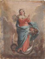 A woman dressed in a rose-colored robe with a blue mantle and flowing white veil stands on a silver crescent moon among a bank of dark clouds.  A halo of stars encircles her head. She clasps both hands before her. The heads of two putti peak out from beneath her mantle next to her left hip. Her right foot treads upon a long serpent that curves back upon itself with an open mouth.