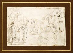 This hastily sketched ink drawing on paper features roughly modelled figures in a townsquare framed by buildings.  