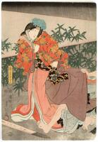 A woman wearing a multi-layered red robe looks over her shoulder at the legs and arm of a man off the print.  The woman has blue flowers in her hair, and her robe is decorated with orange flowers.  A spotlight illuminates the leaves behind her.<br /><br />
This is the center portion of a triptych.<br /><br />
Inscriptions: Okugata Shirayu; Tsutaya, Kichizō (Publisher's seal); Mera/Murata (Censor's seal); Toyokuni ga (Signature)
