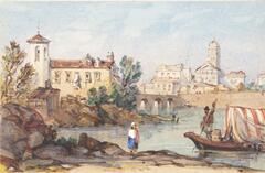 This small watercolor represents a view of a city on the banks of a river. A bridge in the middle ground connects the city, whose buildings run to the water's edge. A woman wearing a bright white shirt with a blue dress and a brilliant red scarf stands in the foreground. A boat covered by a red-and-white striped canopy, poled by a man in the bow, approaches the near shore.