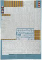 This print has a teal-blue background with a series of patterned-panels overtop. One of these panel types has vertical stripes in dark and light olive, orange, and purple. Another set of panels are grey with white outlines of shapes that resemble mechanical parts. At the center of the print, there is a negative in grey of a series of parts and images of planes. On the upper left, there are three designs in white, red, blue and black. On the right, there are three black rondels, with blue and red stripes and a yellow star at the center. On each star is an image of Mickey Mouse. At the bottom of the print, there are three columns of text that read: column left, "<u>War Games Revisited</u> / Abortion - A kill which prevents enemy targets / from proceeding with their tacitcal mission. ' The attacker's game theorist, then, has figured / out that the attacker stands the best chance if / he allows chance to decide, using two-to-one / odds in favor of sector 2."; center column, "Explosive Train (or Explosive Chain) -
