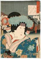 In this print, a woman wearing several layers of robes looks over her left shoulder. Her left hand is partially raised. Her outer robe is a dark blue with brightly colored flowers that match her elaborate hair ornaments. The sky is dark behind her, and the roof and gates of a building are visible.<br /><br />
Inscriptions: Mitate sanjūrokkasen no uchi; Minazuruhime; Yokogawa Horitake (Carver's seal); (Artist's signature: cut off); Watanabe (Censor's seal)