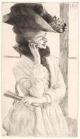 A woman is shown standing in three-quarter profile and at three-quarter length. She wears a massive ornamented hat, and a light-colored day dress with bundled dark tulle at the neck. She raises her right hand to her cheek, and rests her left hand, which carries a folded fan, on her right hip. Her amused expression is illuminated by the light from a large paned window behind her, which takes up the whole of the background but does not reveal anything on the other side of the glass. <br />
Signed and dated, upper right, in the image and on the plate: "JJ Tissot / 1857"