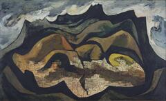 This horizontal format painting is done in shades of light and dark gray, cream and yellow. With abstracted forms it depicts jagged mountains sihouetted against a cloudy sky. In front of these mountains there are rolling hills and geometric forms that suggest a cityscape. In the foreground there are more mountain peaks.
