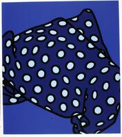 In shades of blue, this print has a graphic, flat image of a polka dotted scarf. The fabric seems to be floating in the air, partially folded over. The background is a bright blue, while the scarf is colored in navy blue with light blue polka dots. The print is signed and editioned by the artist in pencil (l.r.) "Patrick Caulfield AP".