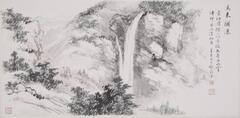The Wulai Waterfalls are shown in a “Y” shape configuration, and painted in simple light ink washes. On a hill-path on the center right several tourists are represented as riding some kind of rickshaw.