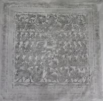 Rubbing of limestone slab carved bas-relief with six registers.  The lower register depicts a chariot procession above fish-inhabited waters.  The central three registers depict figures carrying out funerary rites.  The top register shows a winged creature with a human face flanked by two writhing dragons and other animals, including two rabbits and a nine-tailed fox. <br />