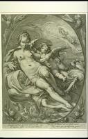 This black and white print shows a nude woman and young boy with wings within an oval shape.The woman is lounging on a draped surface and has her arm around the boy. He is facing toward her and pushing an arrow against her left breast. Other smaller scenes surround these figures including, a woman in a chariot drawn by swans; a man and a woman conversing in a forest; two figures in a landscape scene and two birds nestled together. Outside the oval in the corners of the work are hearts, flaming arrows and roses . At the bottom is Latin lettering.