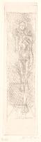 Elongated, slender, standing nude female figure with arms at sides. The figure is somewhat obscured by cross-hatching.