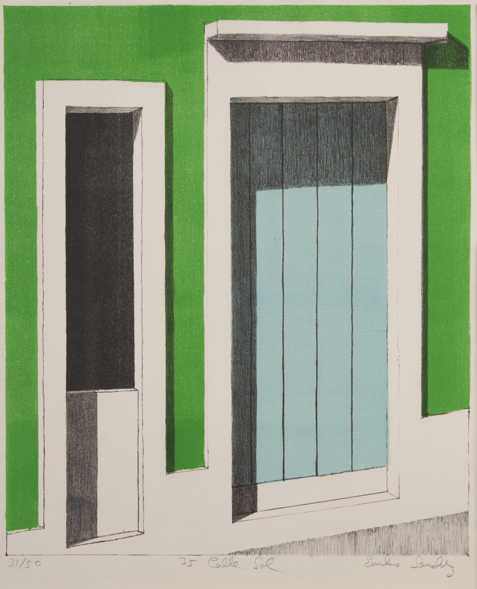 A color print of a blue door set into a bright green wall. An open doorway is next to it.