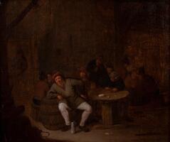 Groups of figures sit crowded around tables in a dark, smoky interior. In the foreground a man dressed in white hose and a red cap leans on a barrel, his tankard placed at his feet, and looks directly ahead out of the scene. To his left several men cluster around a table to drink and smoke, while other dimly lit figures sit and move about in the background.