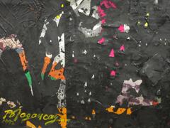 This painting has a series of collaged pieces with bright colors visible under an overpainting of thick black paint. The painting is signed and dated (l.l.) in yellow paint: &quot;BDogancay / 1997&quot;.