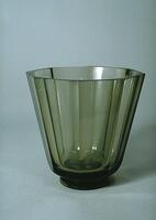 Inverted cone-shaped vessel with fluted sides made of transparent olive-green glass