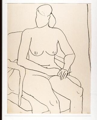 This print shows the outline of a nude, faceless woman with her hair in a ponytail, seated in an armchair. Her hands rest on her right thigh, one on top of the other. Her knees point to the right while her head faces to the left.