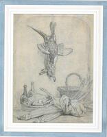 This black chalk drawing on gray-blue prepared laid paper is vertically oriented. The piece is a still life of the contents of a pantry portrayed within a lightly indicated arched niche. A rabbit and a fowl hang upside-down from a string, dominating the composition. Below them are, from left to right, two vessels, a prepared fowl, long root vegetables, and a wicker basket.  <br />
