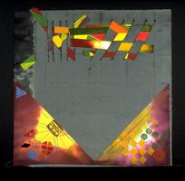 This work is a double sided, mixed-media creation. One side is dominated by a large grey form in the shape of an upside down house. At the top, brightly colored strips of paper are woven into the grey area. The lower half of the background is a bright yellow and deep purple. Around the edges, geometric squares and circles of red, orange, green, and blue have been stamped in ink. Thin lines form circular and hexagonal shapes in the lower corners as well. The reverse side shows a black and grey checkerboard pattern, overlaid with geometric shapes in the upper portion in blues, oranges, yellows, reds, and greens. There are also dark semi-circles forming a border around the image. Stitching cuts across the work, in a large "U" shape, reach down towards the bottom of edge of the work.