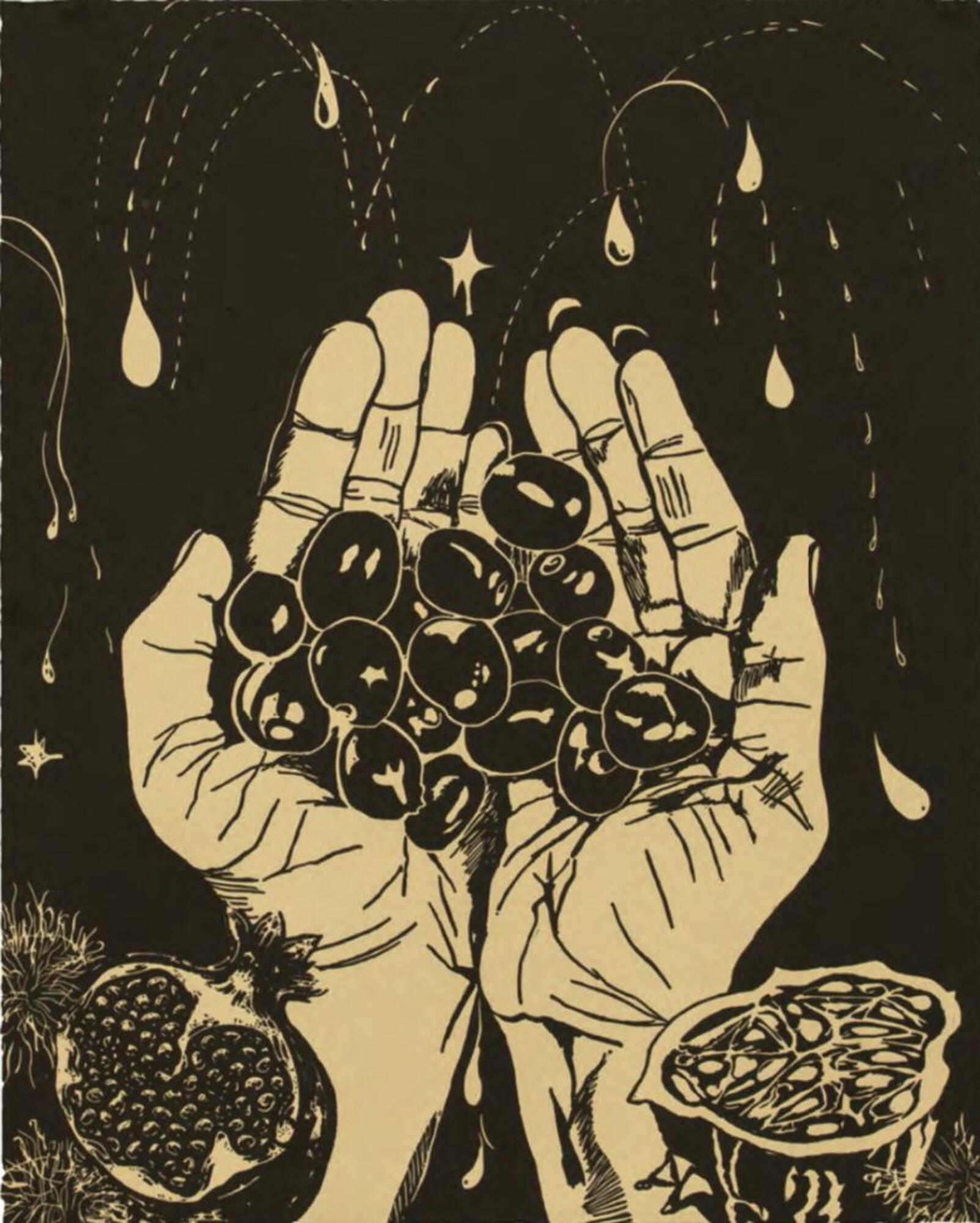 No. 9 of a series of 27 prints. A simple, two-tone palette.&nbsp; A pair of cupped hands holds several cherry-sized objects while a few water droplets spew in the background. In the lower-left corner there is a bisected pomegranate. In the lower-right corner there is a bisected Kiwano melon.<br />
Sultana&#39;s Dream was printed and published by Durham Press in 2018.
