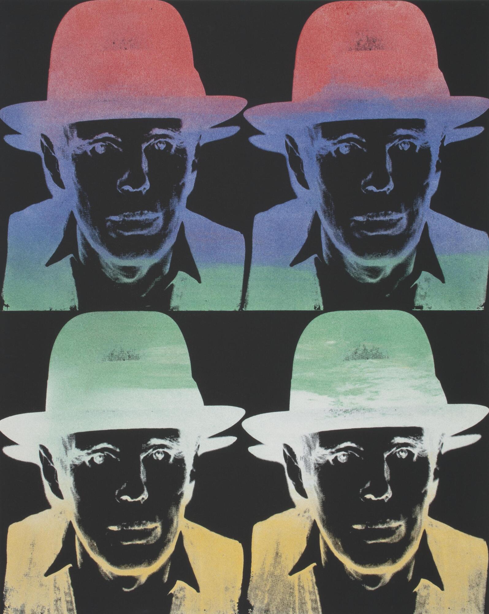Four identical portraits, two by two, of a portrait of man wearing a cowboy hat. The upper two prints are black, purple, green and red, while the bottom two are yellow, green and white.