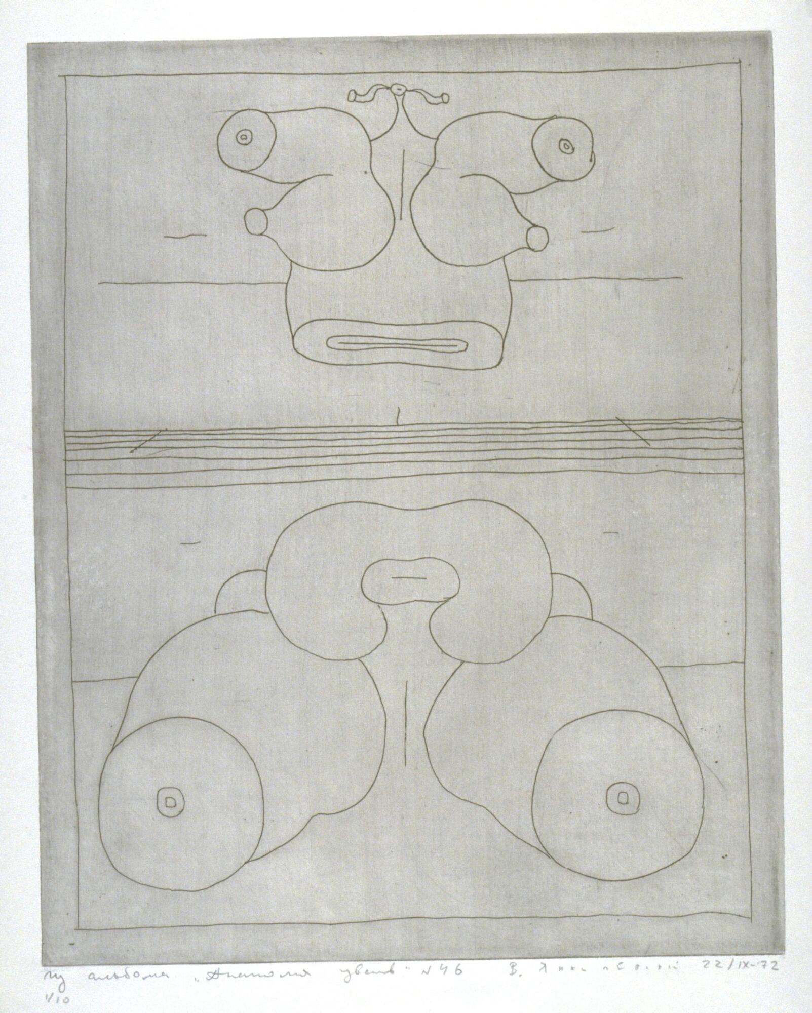 This etching depicts parts of a nude female torso. The center of the torso and most of the apendages of the body are cut out/off revealing abstracted interior spaces. Additionally, there is a series of horizontal lines in the center of the print. The print is titled, numbered, signed and dated in pencil at the bottom of the print. 