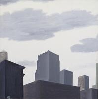 An oil painting of New York City skyscrapers. A water tower is visible over the top of a building on the left.