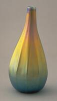 irridescent orange, yellow and blue teardrop-shaped vessel with vertical ribbing