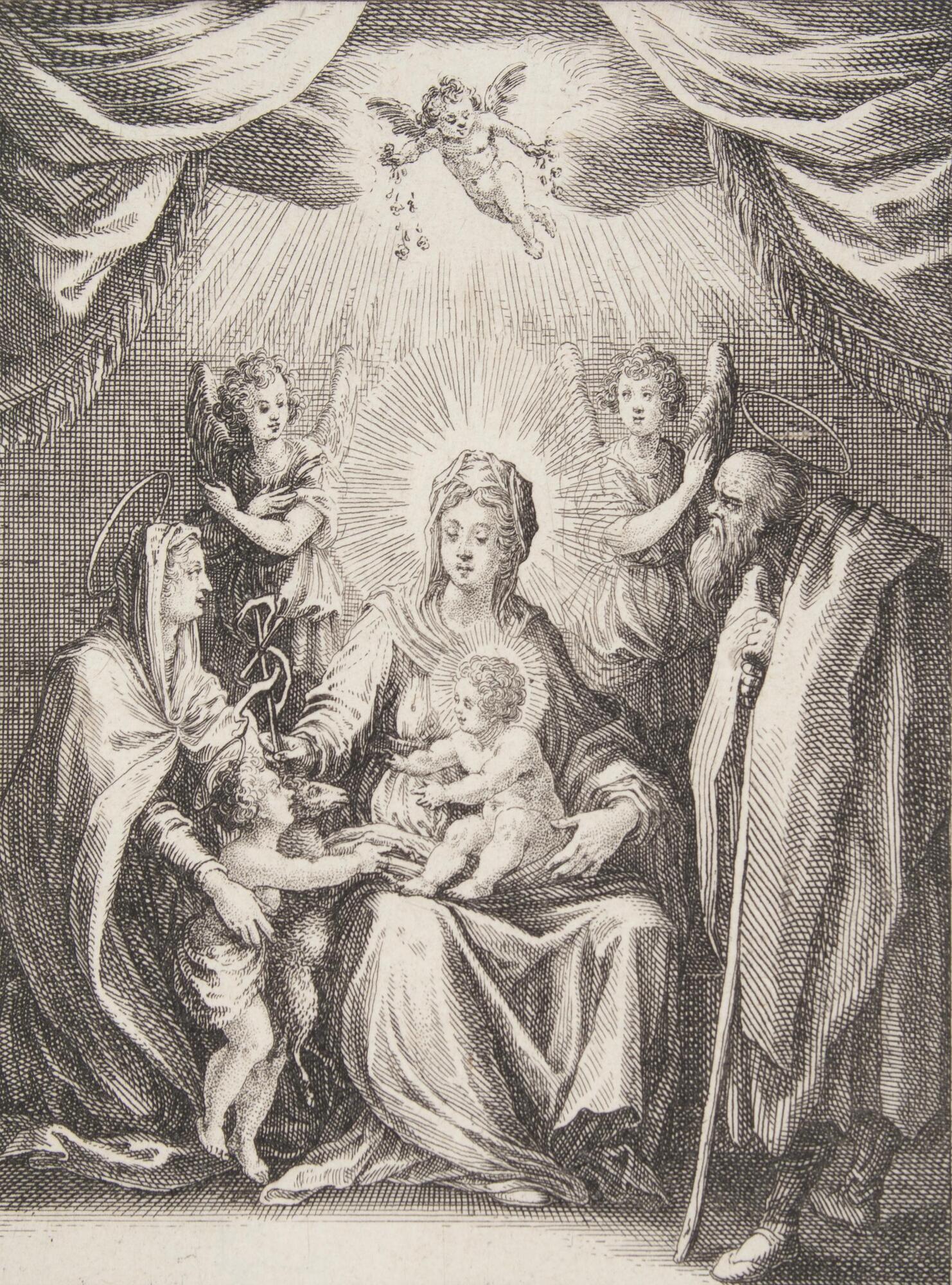 The Virgin Mary seated with an infant on her lap. She is surrounded by angels and two saints on either side. To her left, the little St. John the Baptist looks up to her. There is a puti above sprinkling something in the air. Drapes pushed back on either side.