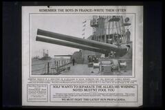 Text: REMEMBER THE BOYS IN FRANCE!--WRITE THEM OFTEN - Armistice Results in a Reduction of $1,180,315,000 in Naval Estimates for 1920 Secretary Daniels Reports. However no reduction is made in the estimate of $600,000,000 for a second three years building program of 156 ships including ten super dreadnoughts, six battle cruisers and 140 smaller warships. Photo [signed E. Muller] shows the Minnesota and when the program is carried out the U.S. Navy will be the second largest in the world. - Solf Wants To Separate The Allies; His Whining Notes Must&#39;nt [sic.] Fool You - Germany&#39;s recent appeals for mercy were directed at certain sentimental and misguided Americans. Their purpose was to make the Allies wrangle and so allow Germany easy peace terms. Then Germany would be strong enough in a few years to start another war. - We Must Fight This Latest Hun Propaganda